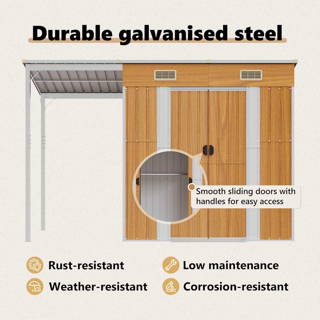 Șopron grădină, acoperiș extins, maro, 277x107x181 cm, oțel