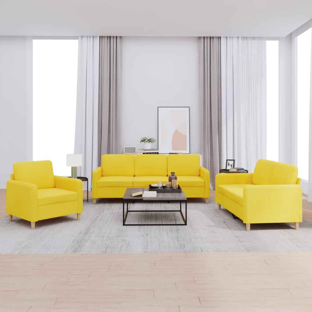 Set de canapele cu perne, 3 piese, galben deschis, textil