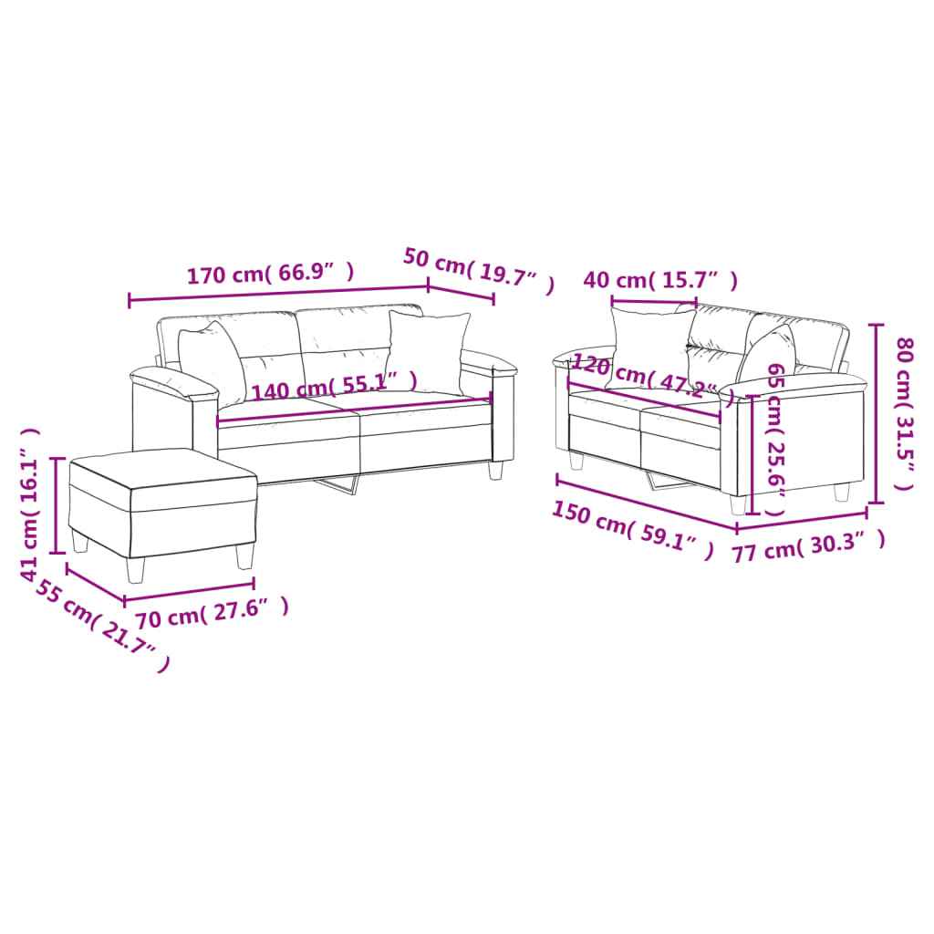 Set de canapele cu perne, 3 piese, gri închis, microfibră