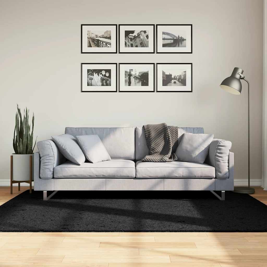 Covor pufos "PAMPLONA" cu fire înalte, negru modern, 140x200 cm