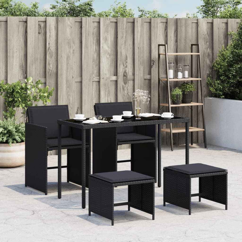 Set mobilier de grădină cu perne, 5 piese, negru, poliratan