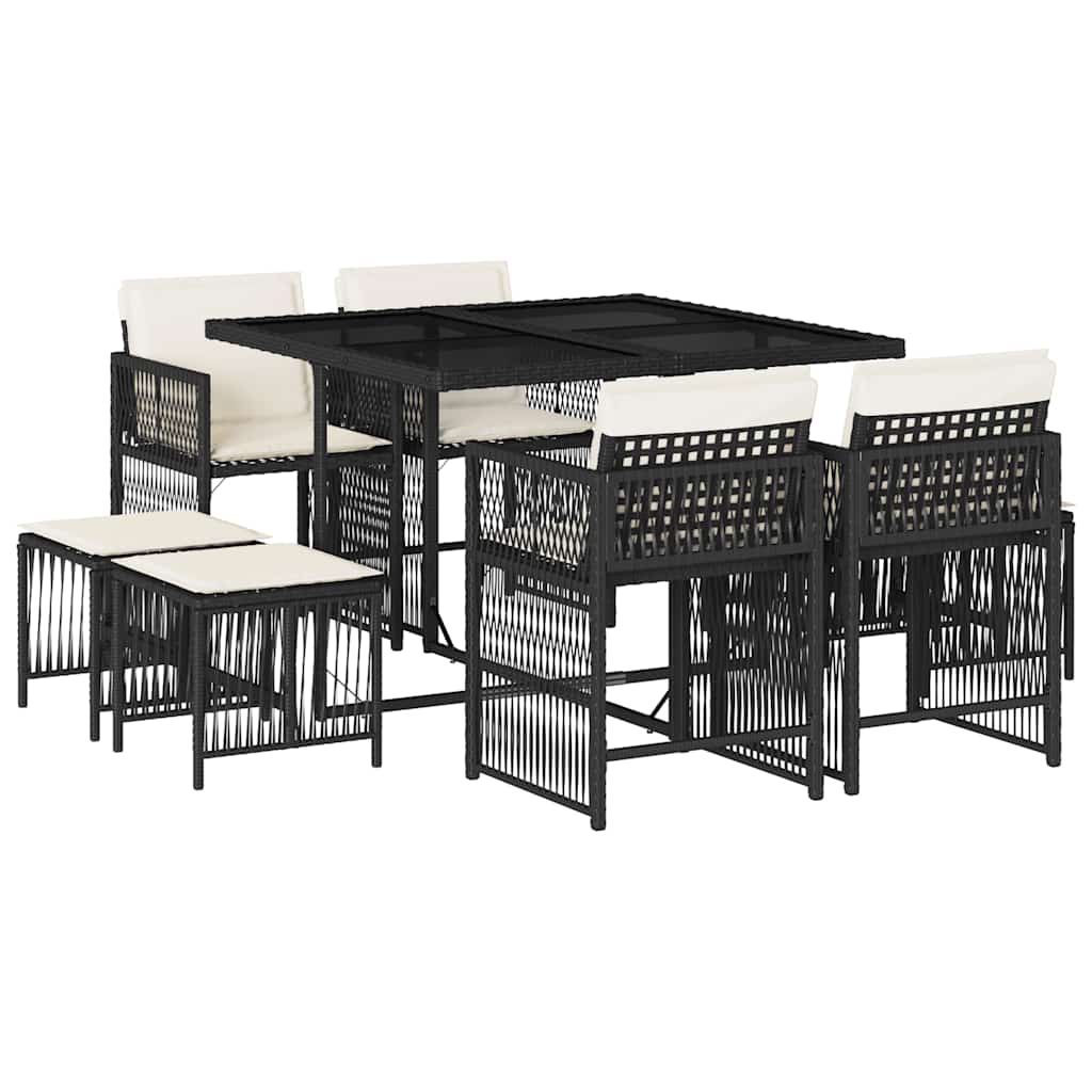 Set mobilier de grădină cu perne, 9 piese, negru, poliratan