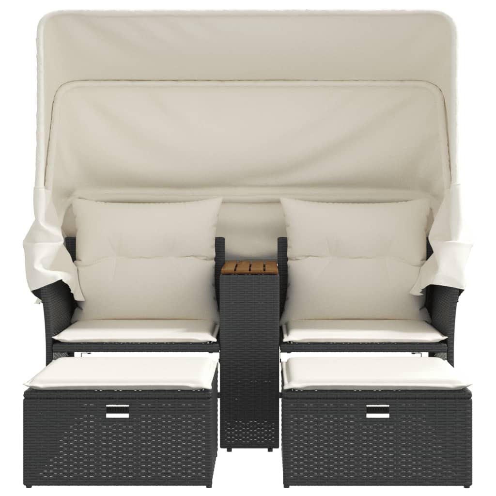 Canapea de grădină cu baldachin și scaune, negru, poliratan