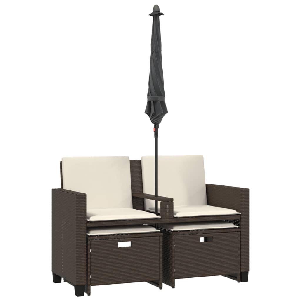 Canapea de grădină cu 2 locuri/umbrelă/taburete maro poliratan