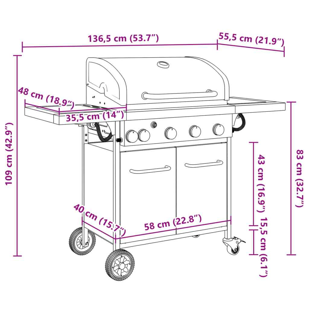 Grătar pe gaz cu 5 arzătoare, negru, oțel vopsit electrostatic