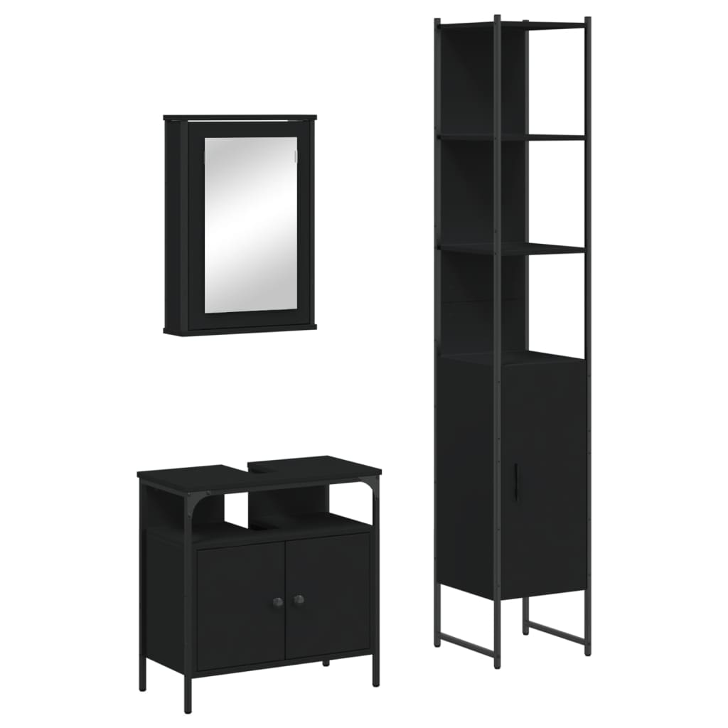 Set mobilier de baie, 3 piese, negru, lemn compozit
