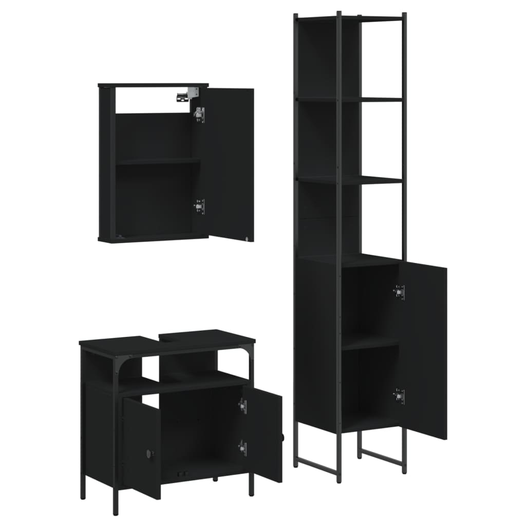 Set mobilier de baie, 3 piese, negru, lemn compozit