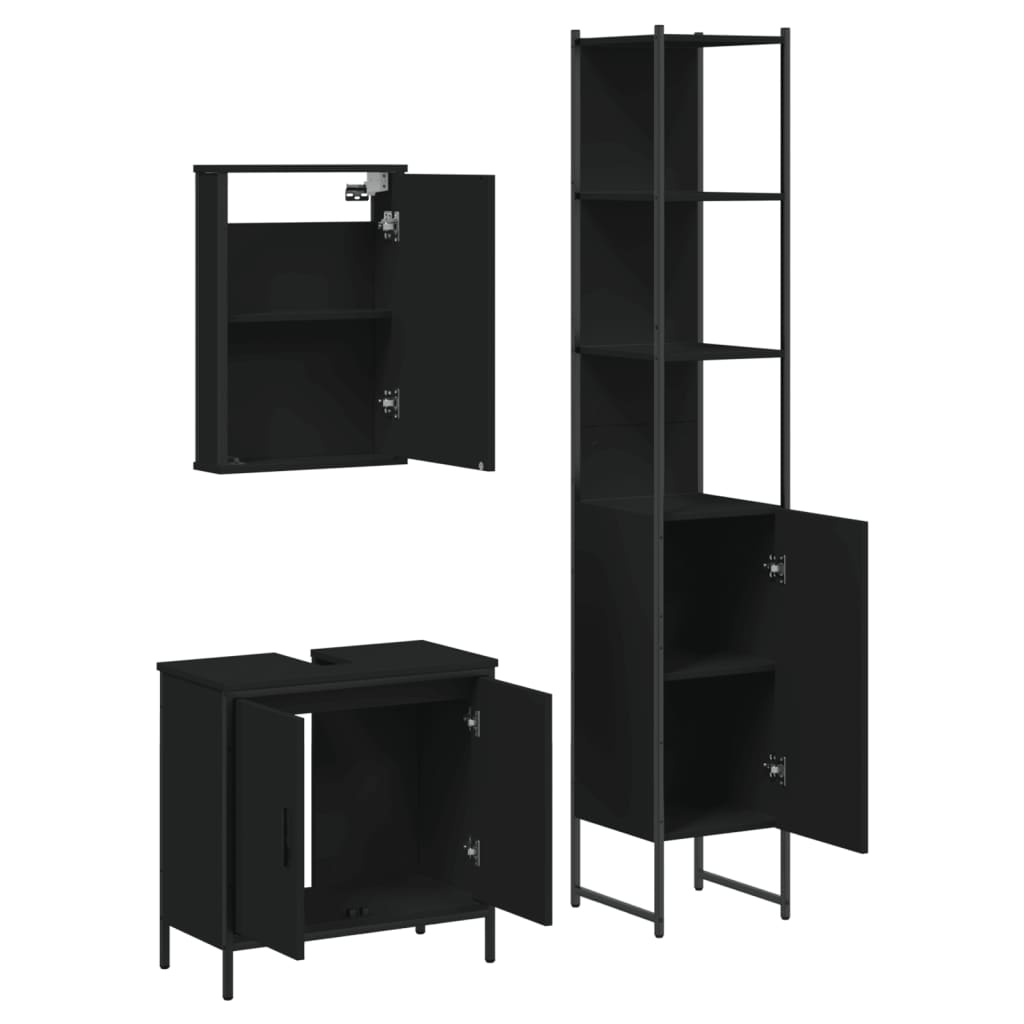 Set mobilier de baie, 3 piese, negru, lemn compozit