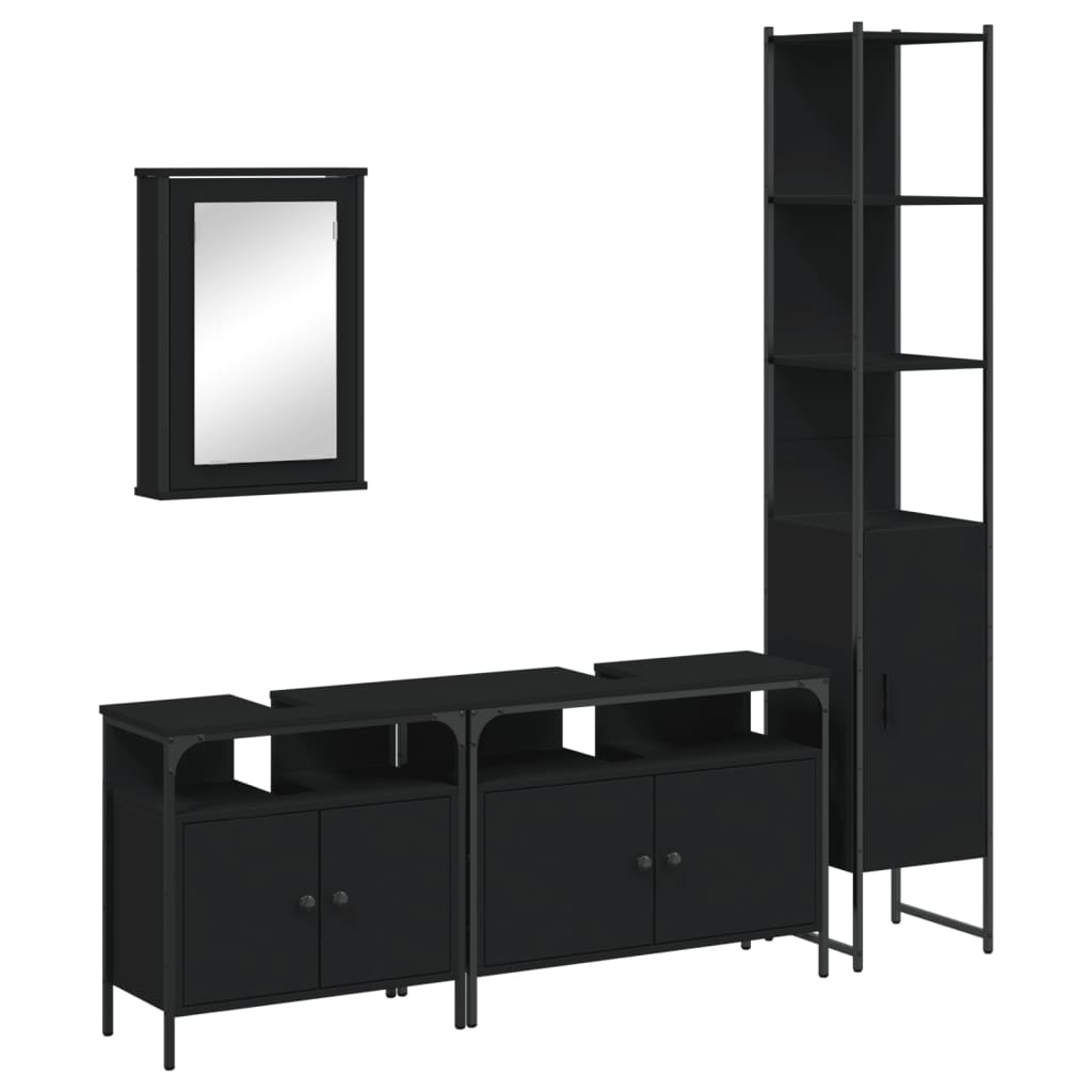 Set mobilier de baie, 4 piese, negru, lemn prelucrat