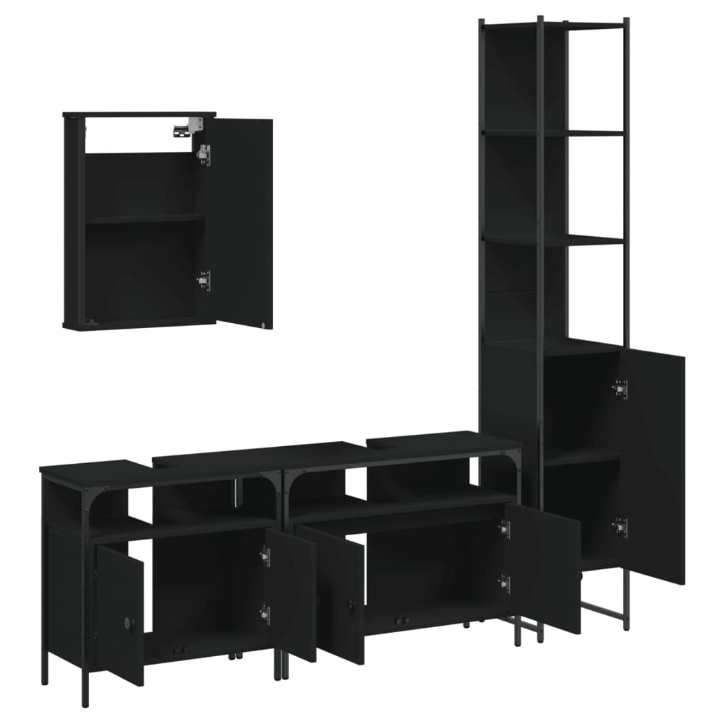 Set mobilier de baie, 4 piese, negru, lemn prelucrat