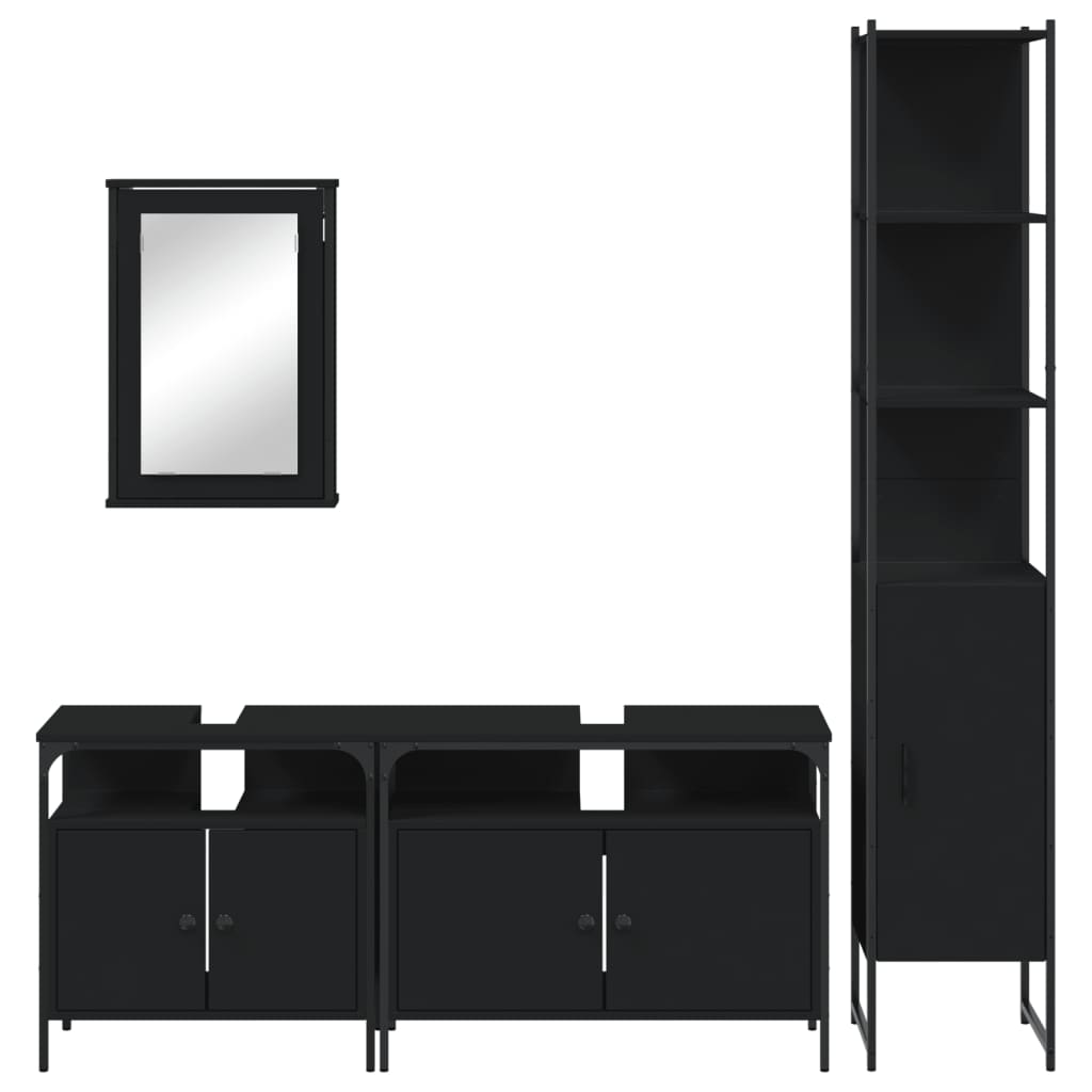 Set mobilier de baie, 4 piese, negru, lemn prelucrat