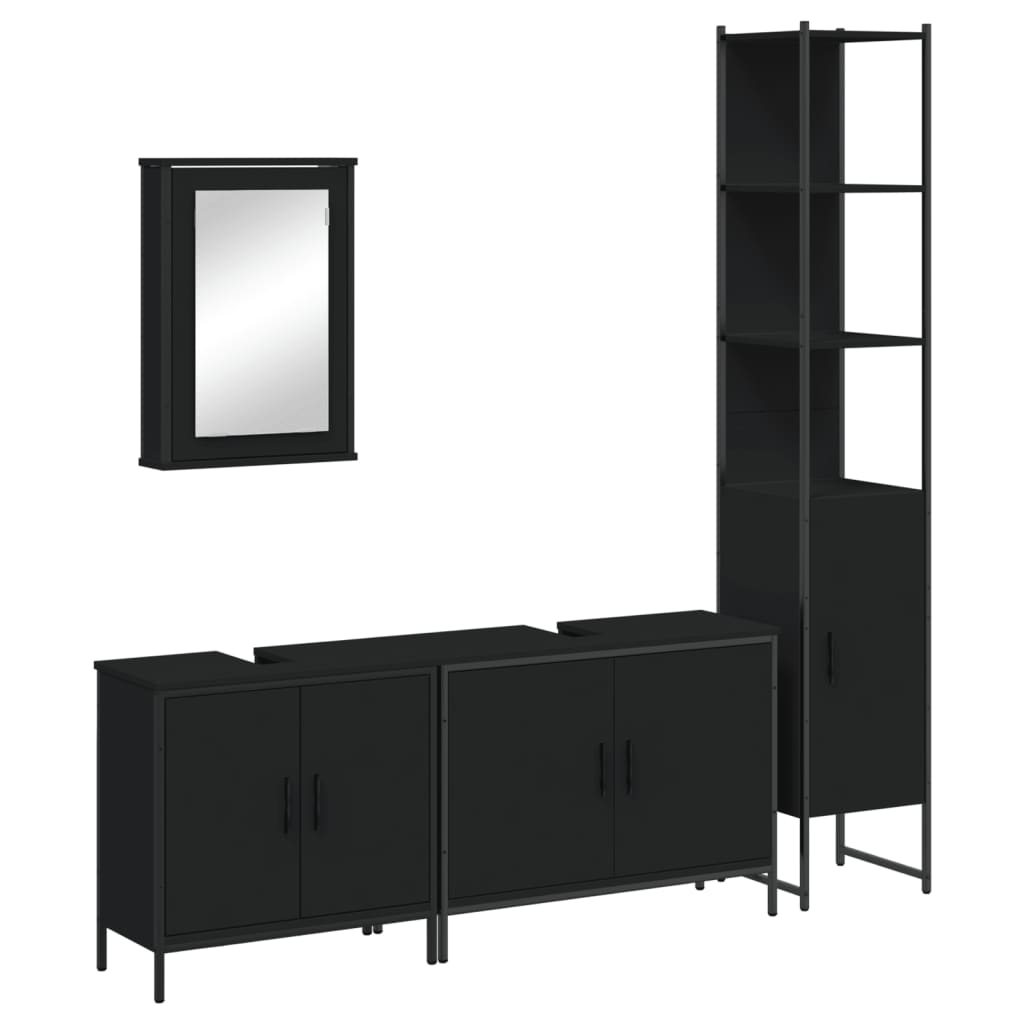 Set mobilier de baie, 4 piese, negru, lemn prelucrat
