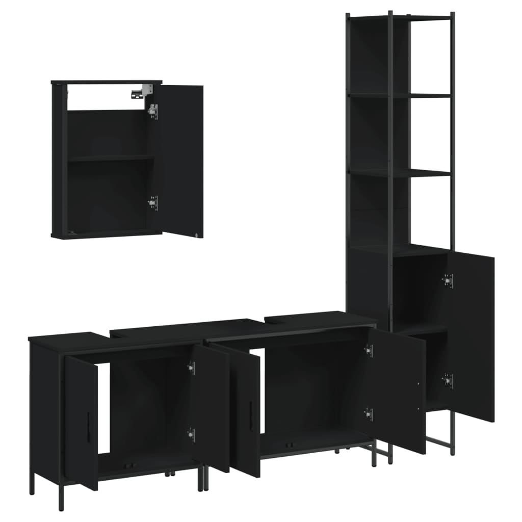 Set mobilier de baie, 4 piese, negru, lemn prelucrat