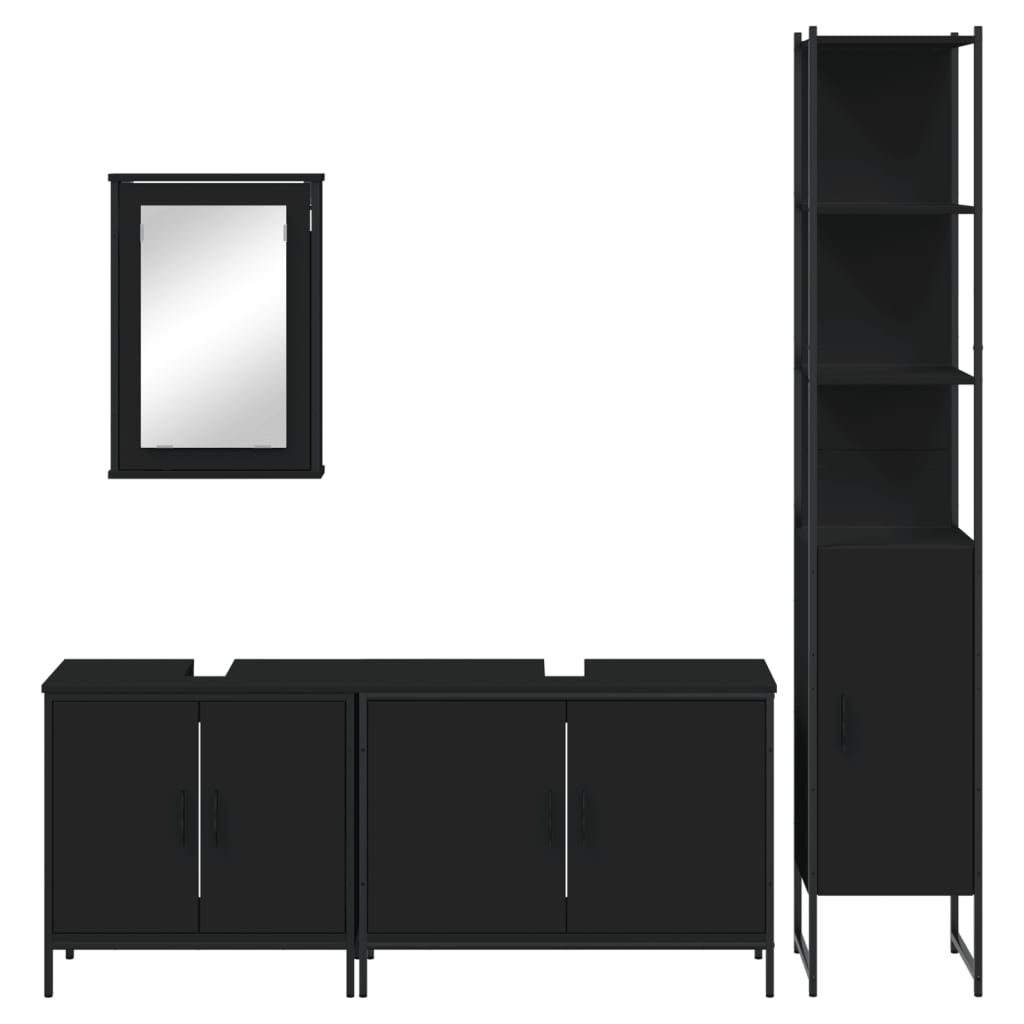 Set mobilier de baie, 4 piese, negru, lemn prelucrat