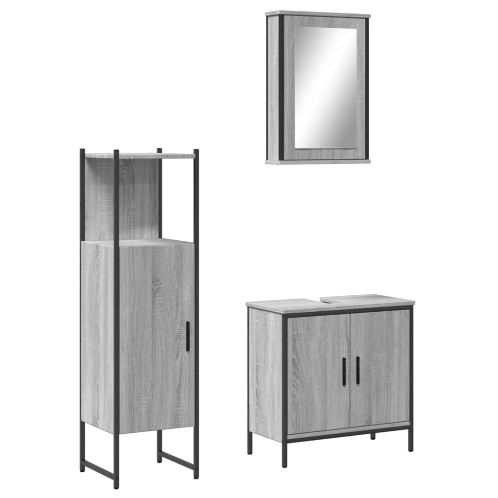 Set mobilier de baie, 3 piese, gri sonoma, lemn prelucrat