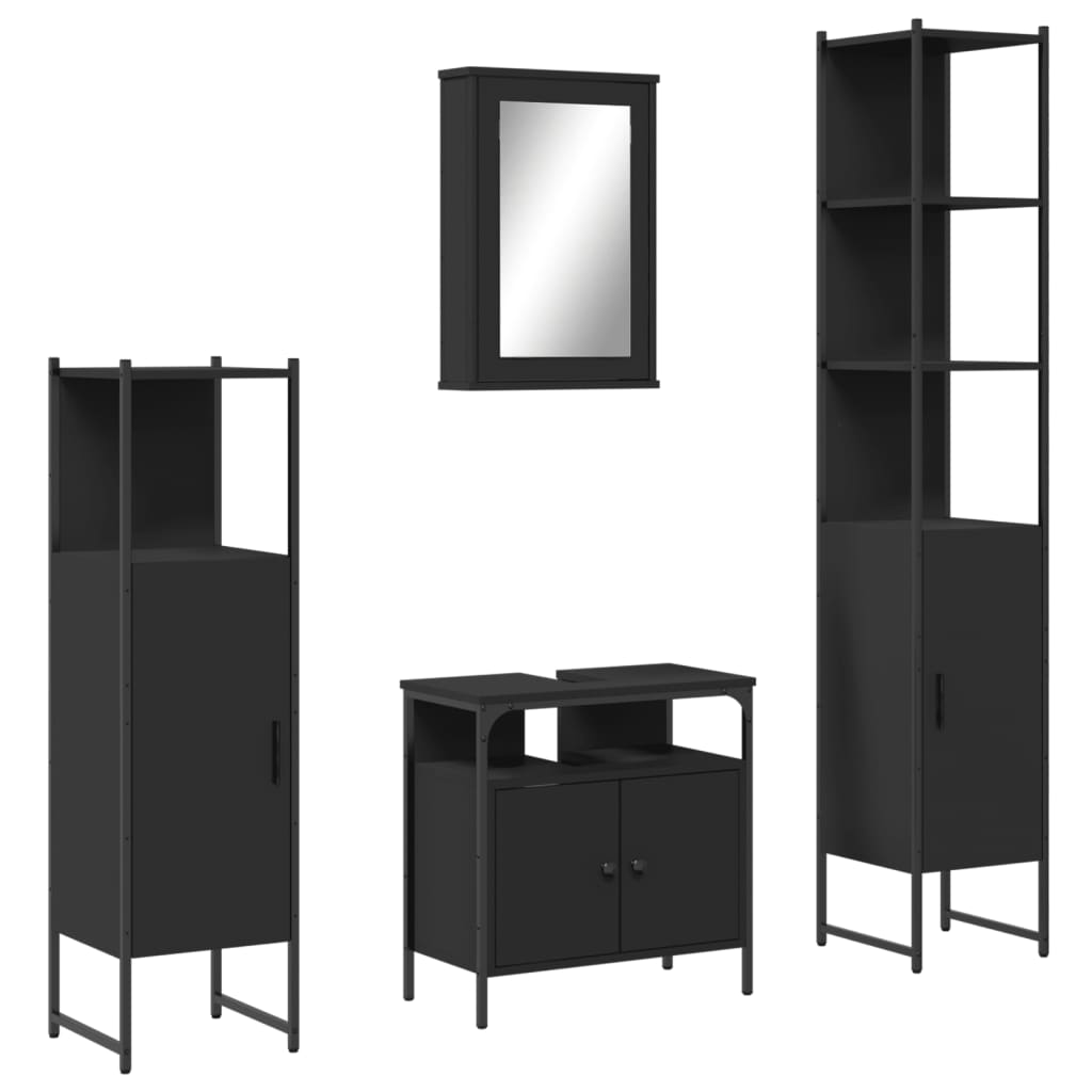 Set mobilier de baie, 4 piese, negru, lemn prelucrat