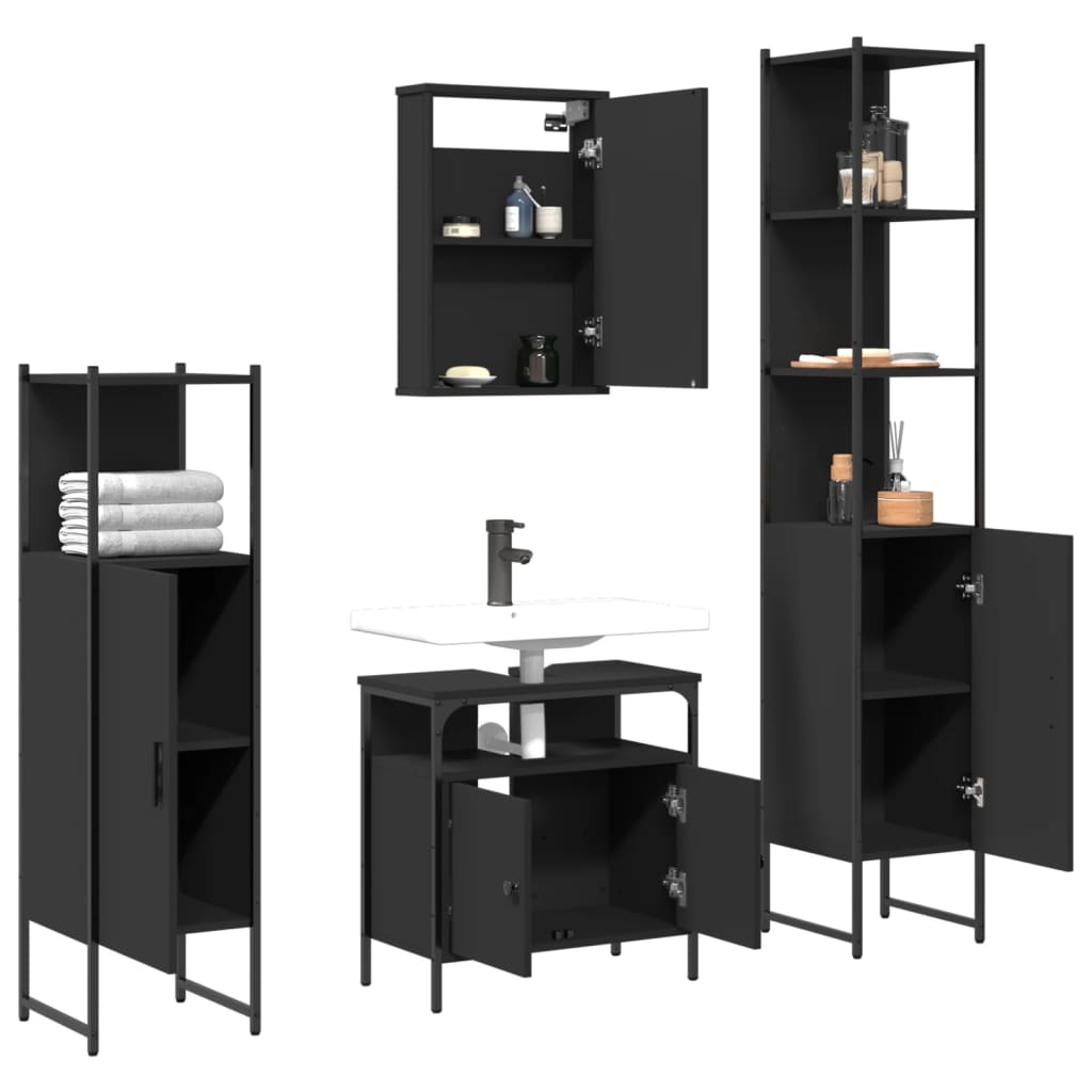 Set mobilier de baie, 4 piese, negru, lemn prelucrat