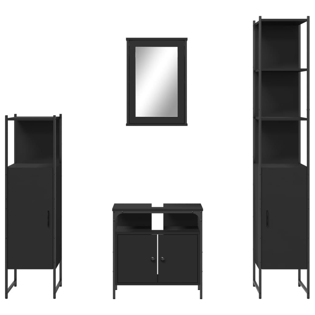 Set mobilier de baie, 4 piese, negru, lemn prelucrat