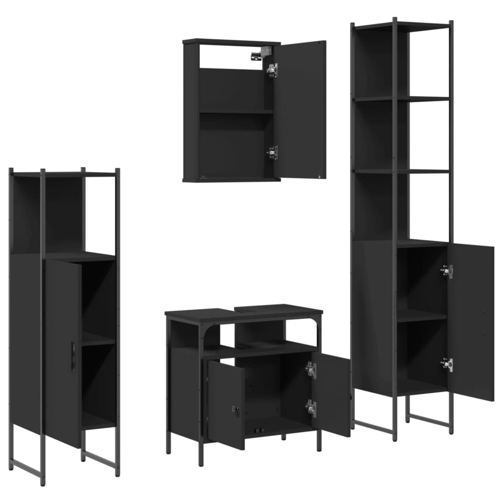 Set mobilier de baie, 4 piese, negru, lemn prelucrat