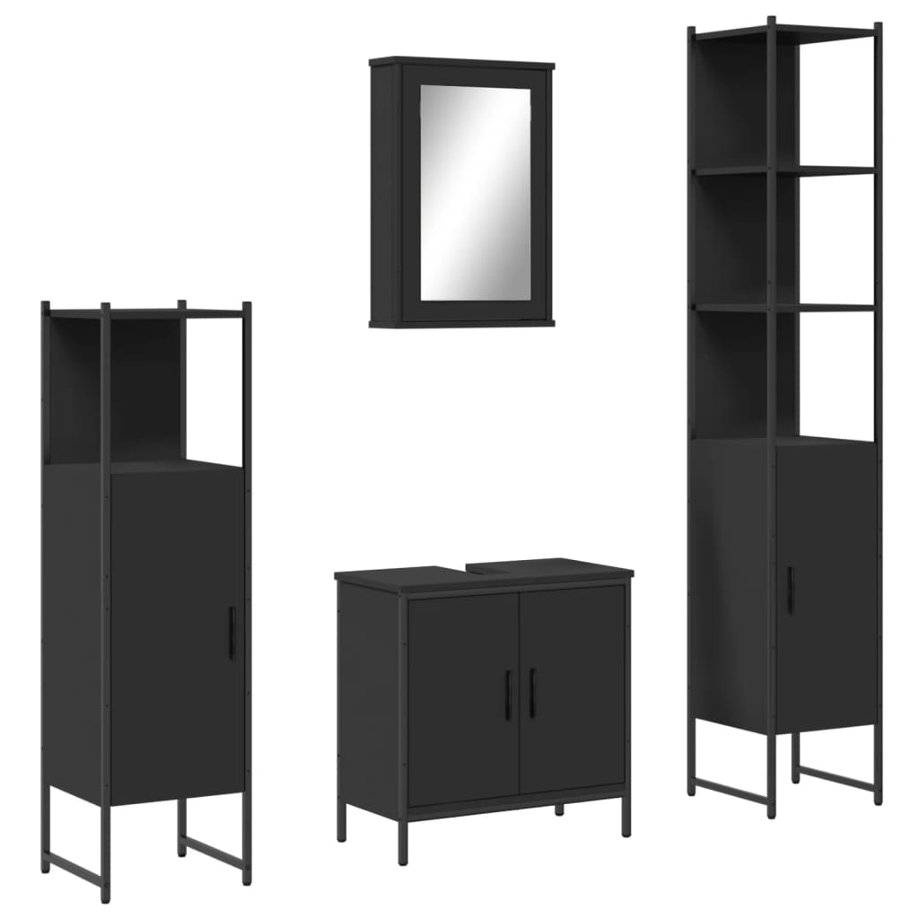 Set mobilier de baie, 4 piese, negru, lemn prelucrat