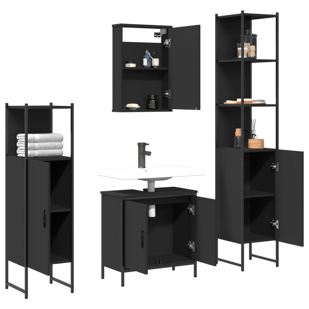 Set mobilier de baie, 4 piese, negru, lemn prelucrat