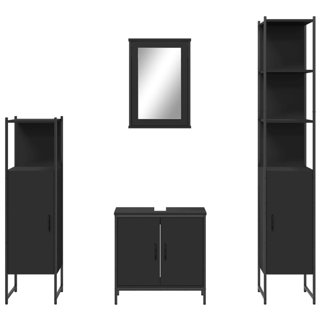 Set mobilier de baie, 4 piese, negru, lemn prelucrat