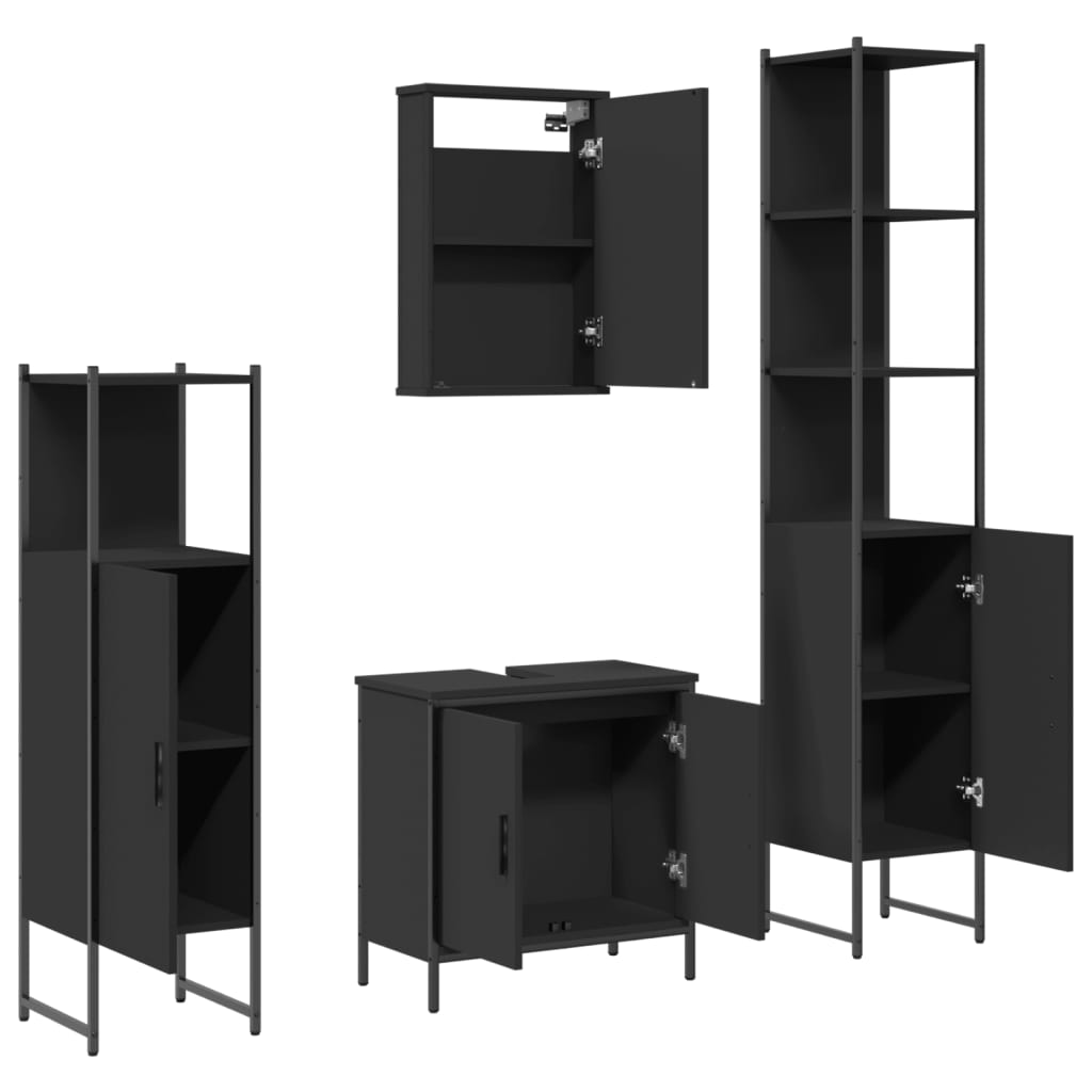 Set mobilier de baie, 4 piese, negru, lemn prelucrat