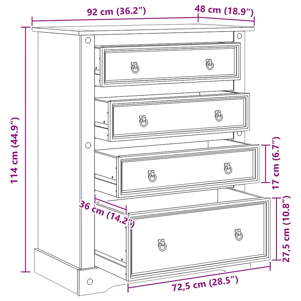 Dulap cu sertare „Corona”, 92x48x114 cm, lemn masiv de pin
