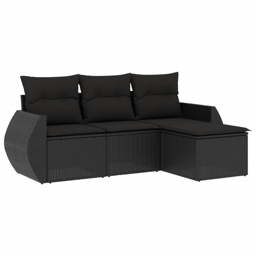 Set mobilier de grădină cu perne, 4 piese, negru, poliratan
