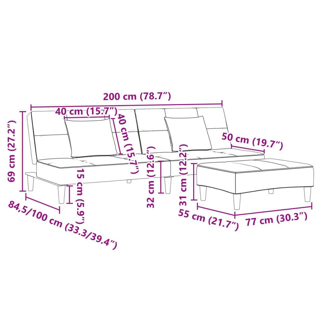 Canapea extensibilă cu taburet, 2 locuri, gri deschis, catifea