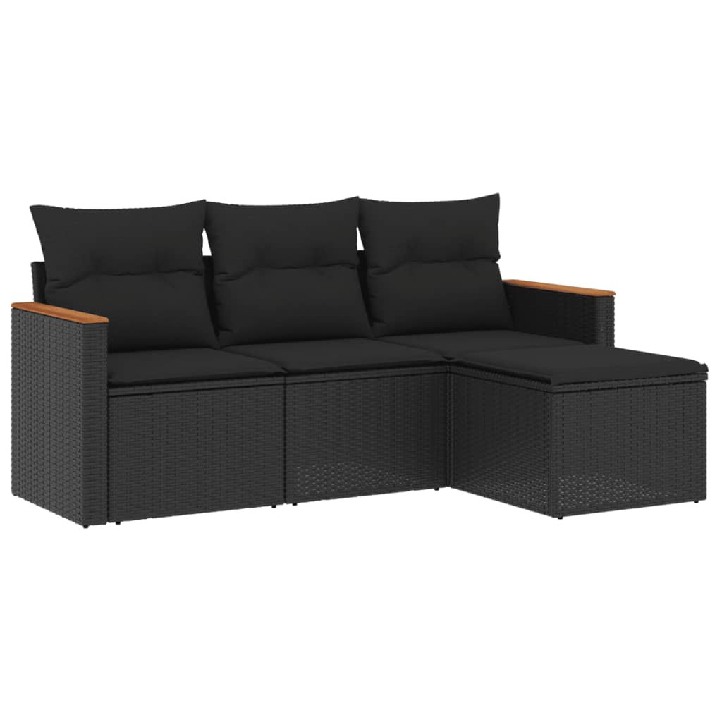 Set mobilier de grădină cu perne, 4 piese, negru, poliratan