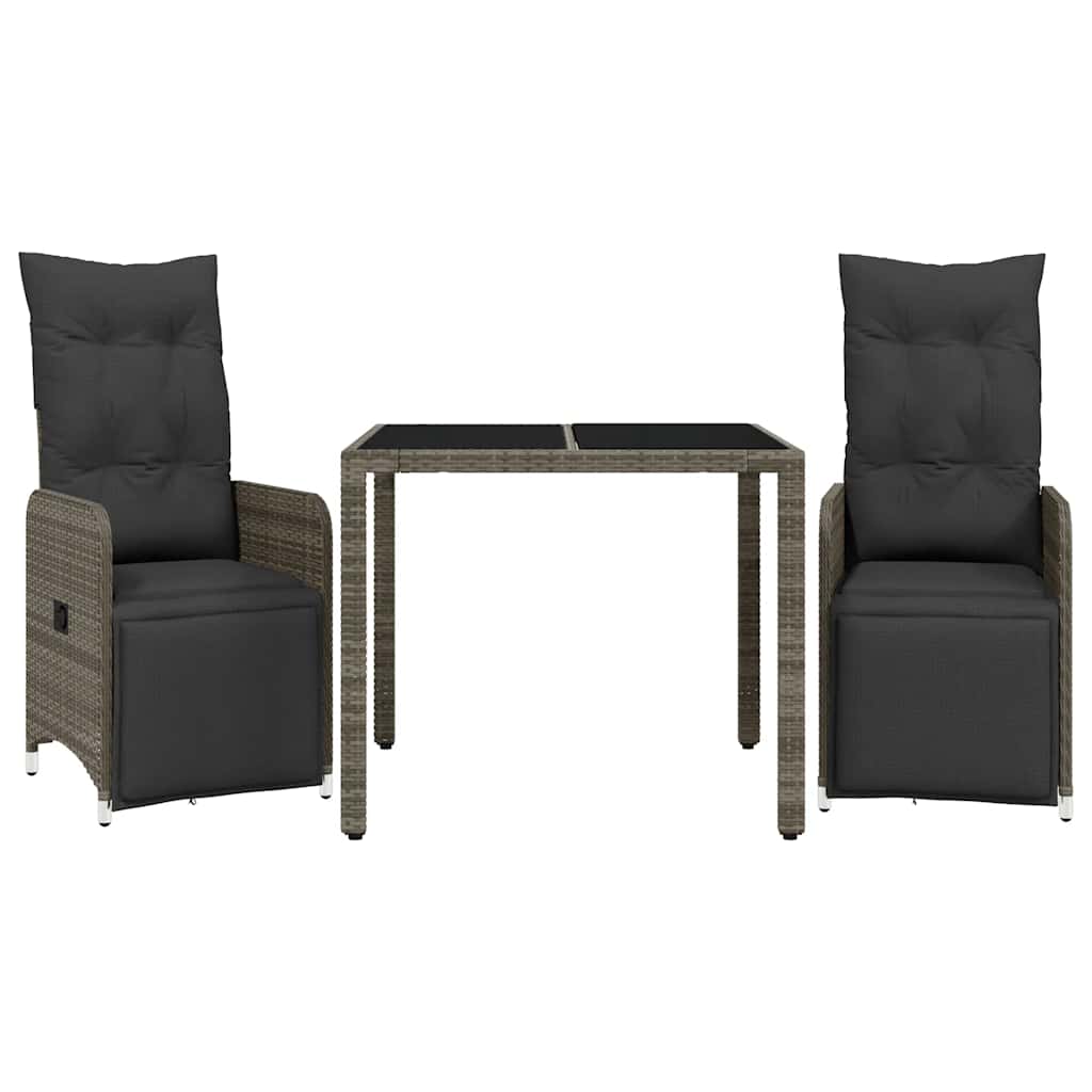 Set bistro de grădină cu perne, 3 piese, gri, poliratan