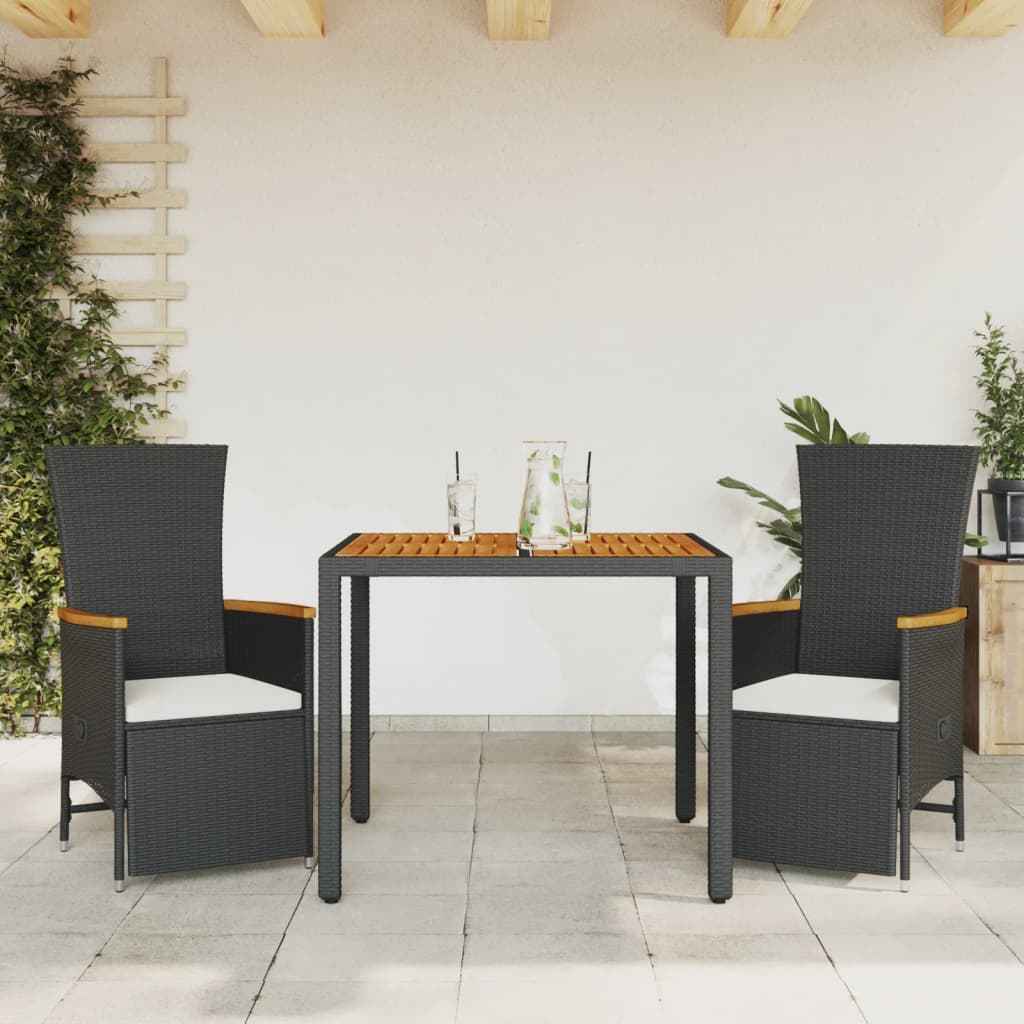 Set mobilier de grădină cu perne, 3 piese, negru, poliratan