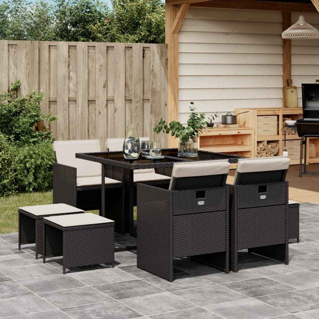 Set mobilier de grădină cu perne, 9 piese, negru, poliratan
