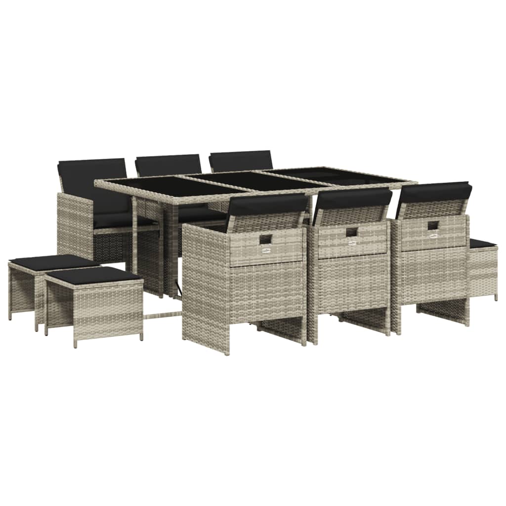 Set mobilier de grădină cu perne 11 piese gri deschis poliratan