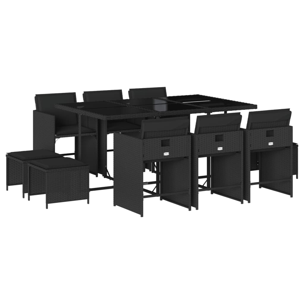 Set mobilier de exterior cu perne, 11 piese, negru, poliratan
