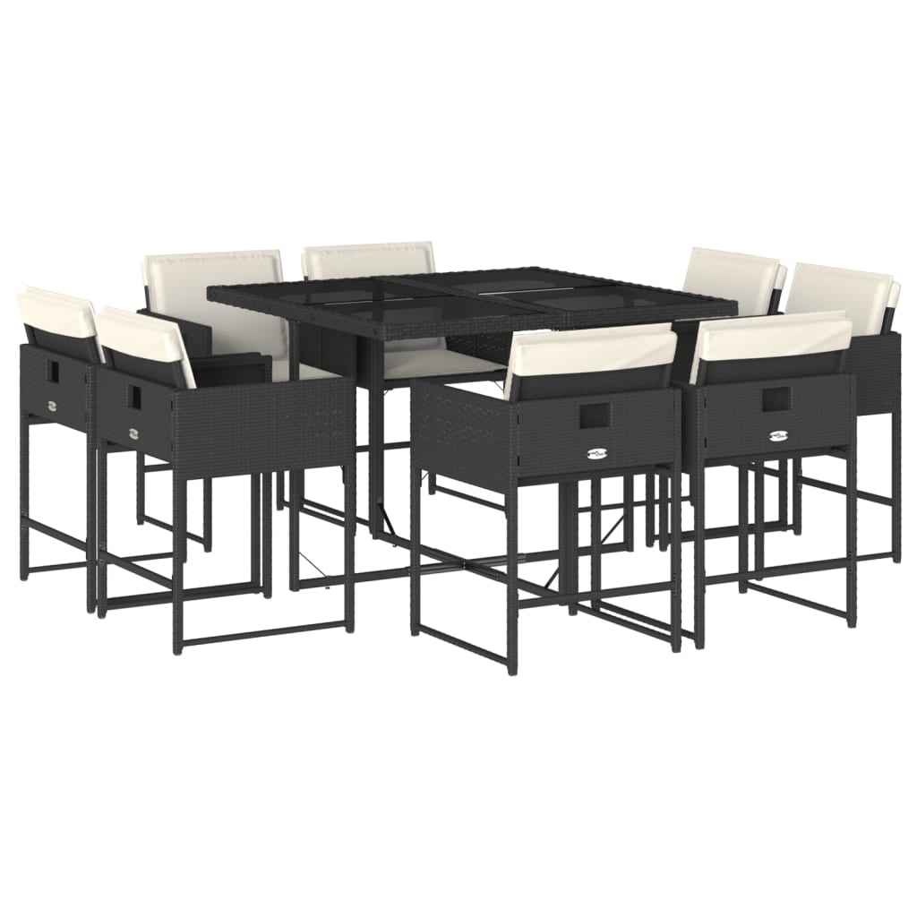 Set mobilier de grădină cu perne, 9 piese, negru, poliratan