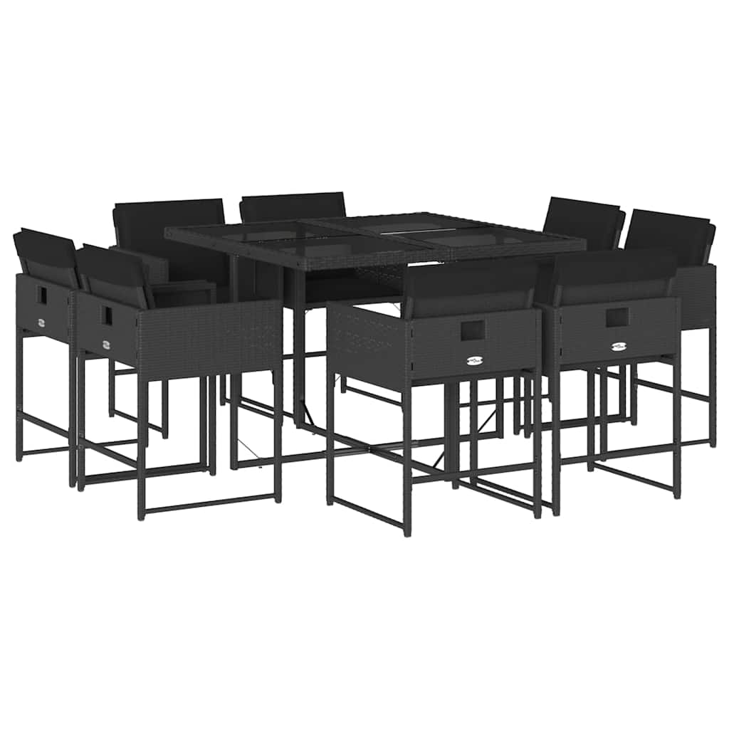 Set mobilier de grădină cu perne, 9 piese, negru, poliratan