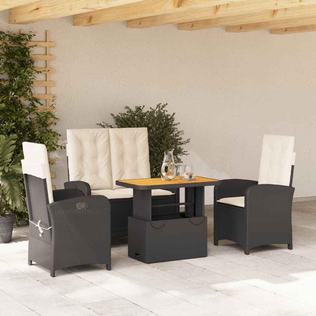 Set mobilier de grădină cu perne, 4 piese, negru, poliratan