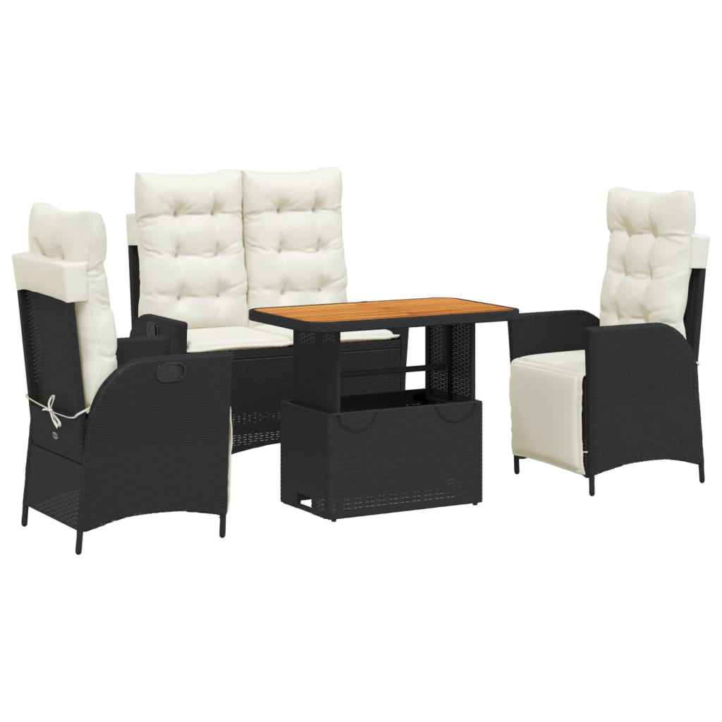 Set mobilier de grădină cu perne, 4 piese, negru, poliratan