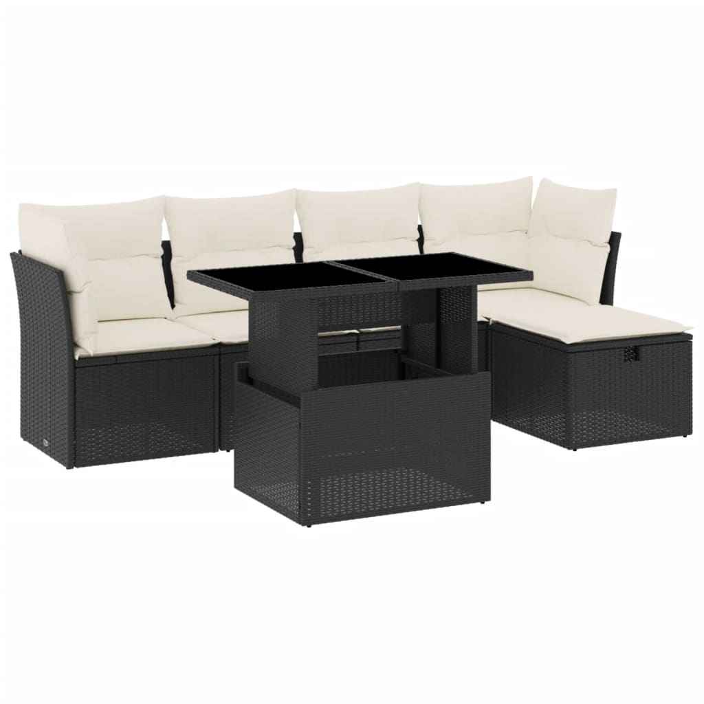 Set mobilier de grădină cu perne, 6 piese, negru, poliratan