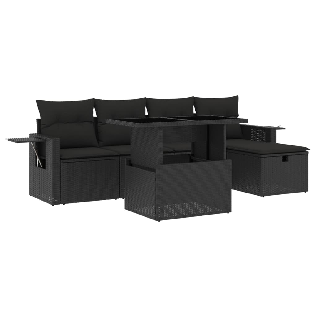 Set mobilier de grădină cu perne, 6 piese, negru, poliratan