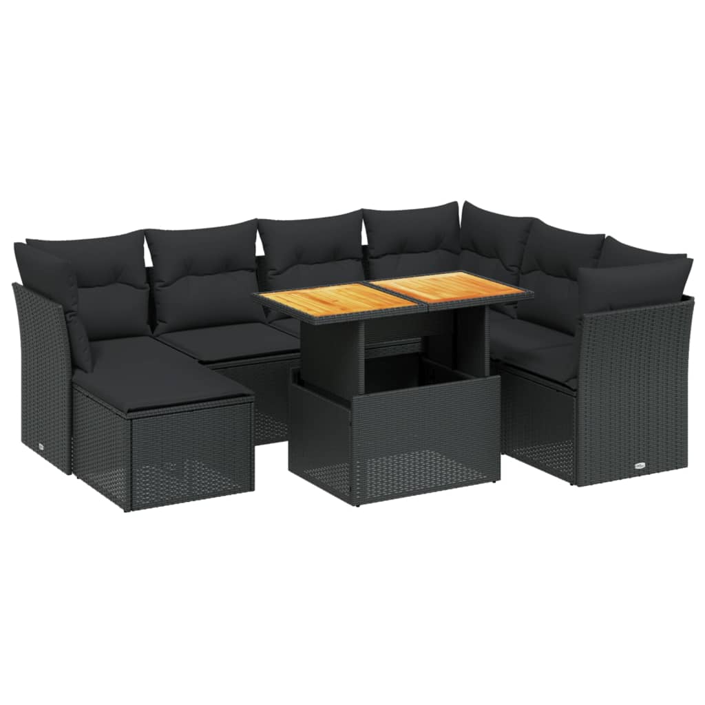 Set mobilier de grădină cu perne, 8 piese, negru, poliratan