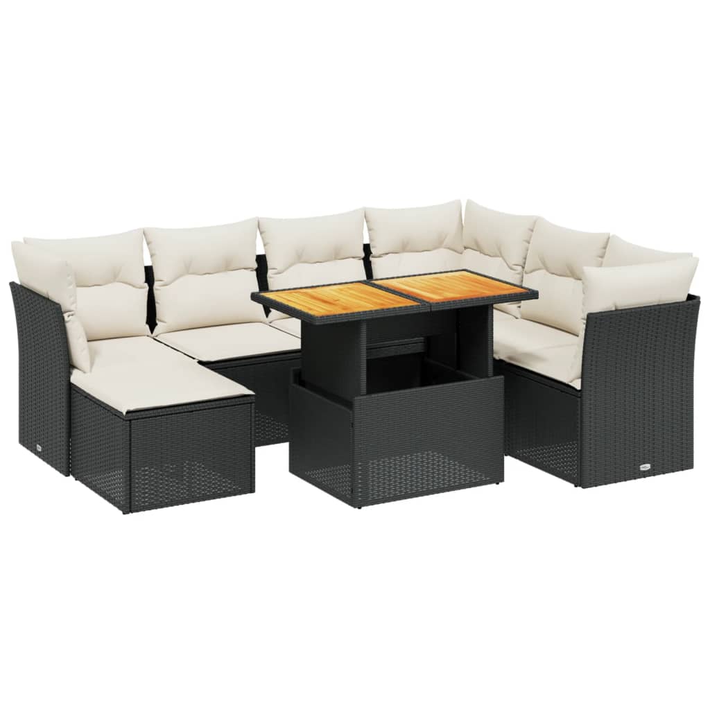 Set mobilier de grădină cu perne, 8 piese, negru, poliratan