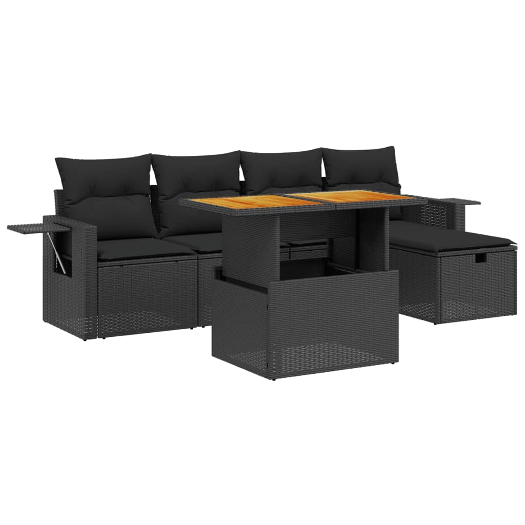 Set mobilier de grădină cu perne, 6 piese, negru, poliratan