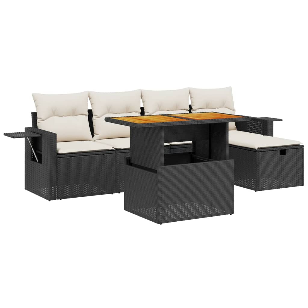 Set mobilier de grădină cu perne, 6 piese, negru, poliratan