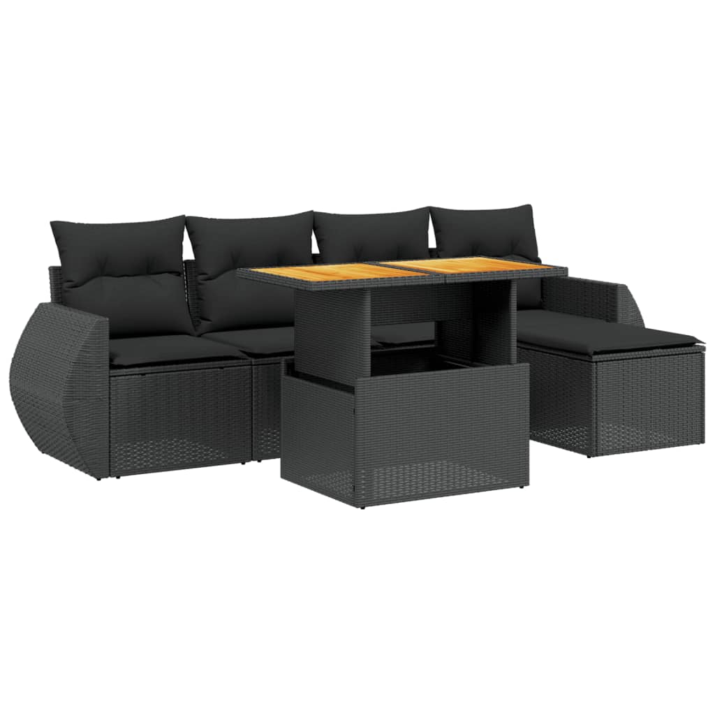 Set mobilier de grădină cu perne, 6 piese, negru, poliratan