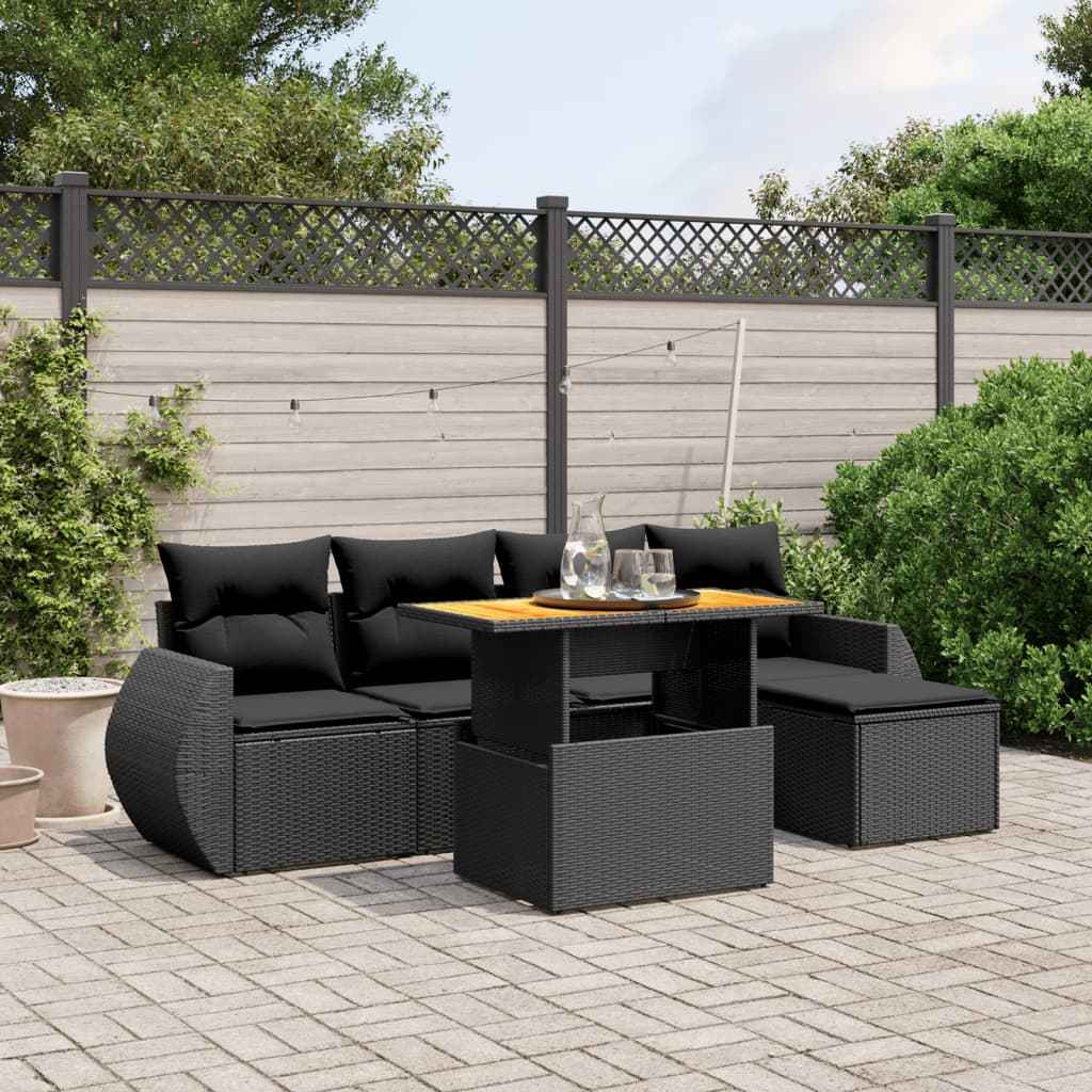 Set mobilier de grădină cu perne, 6 piese, negru, poliratan