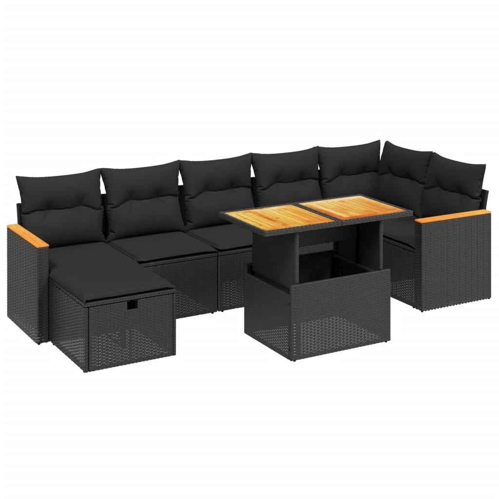 Set mobilier de grădină cu perne, 8 piese, negru, poliratan