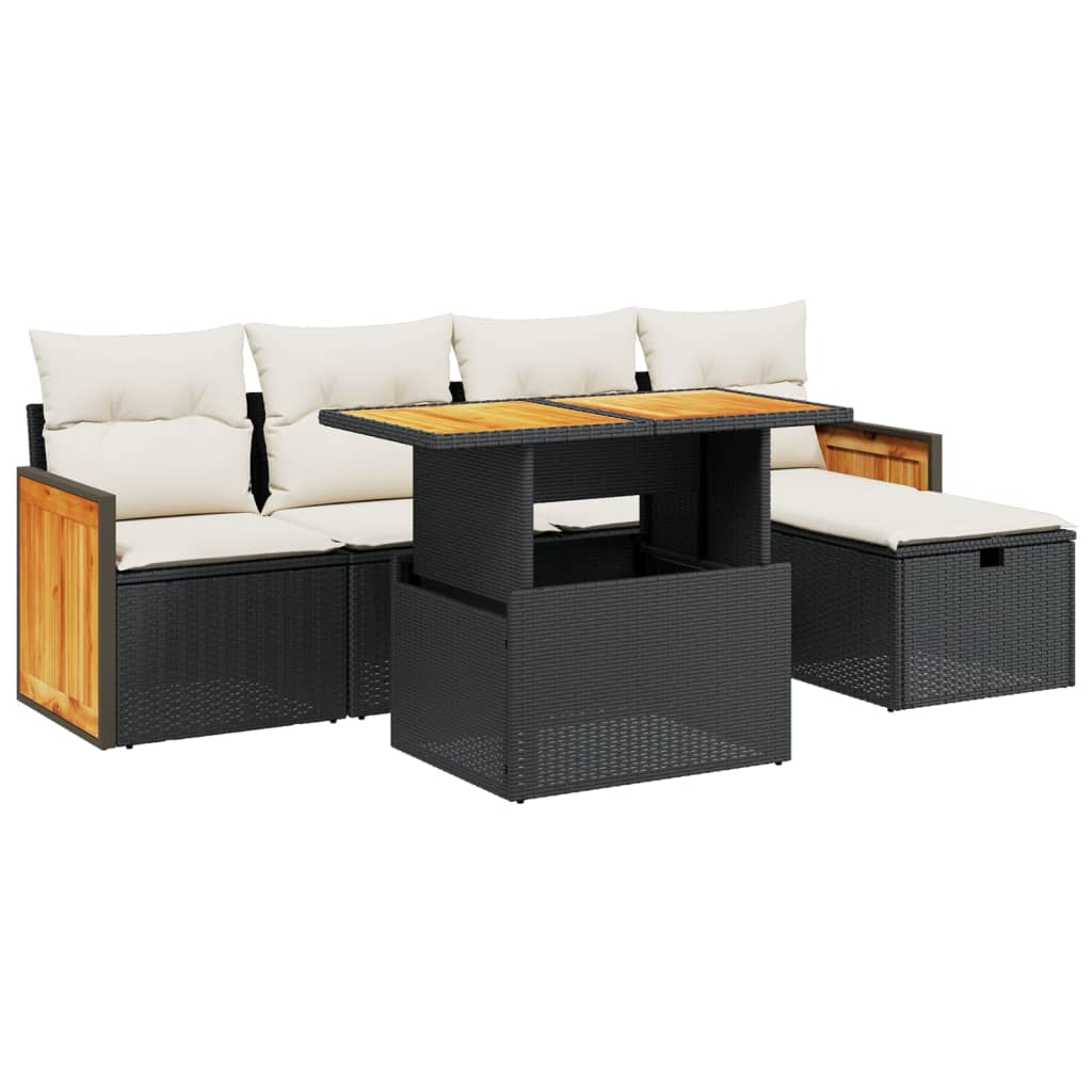 Set mobilier de grădină cu perne, 6 piese, negru, poliratan